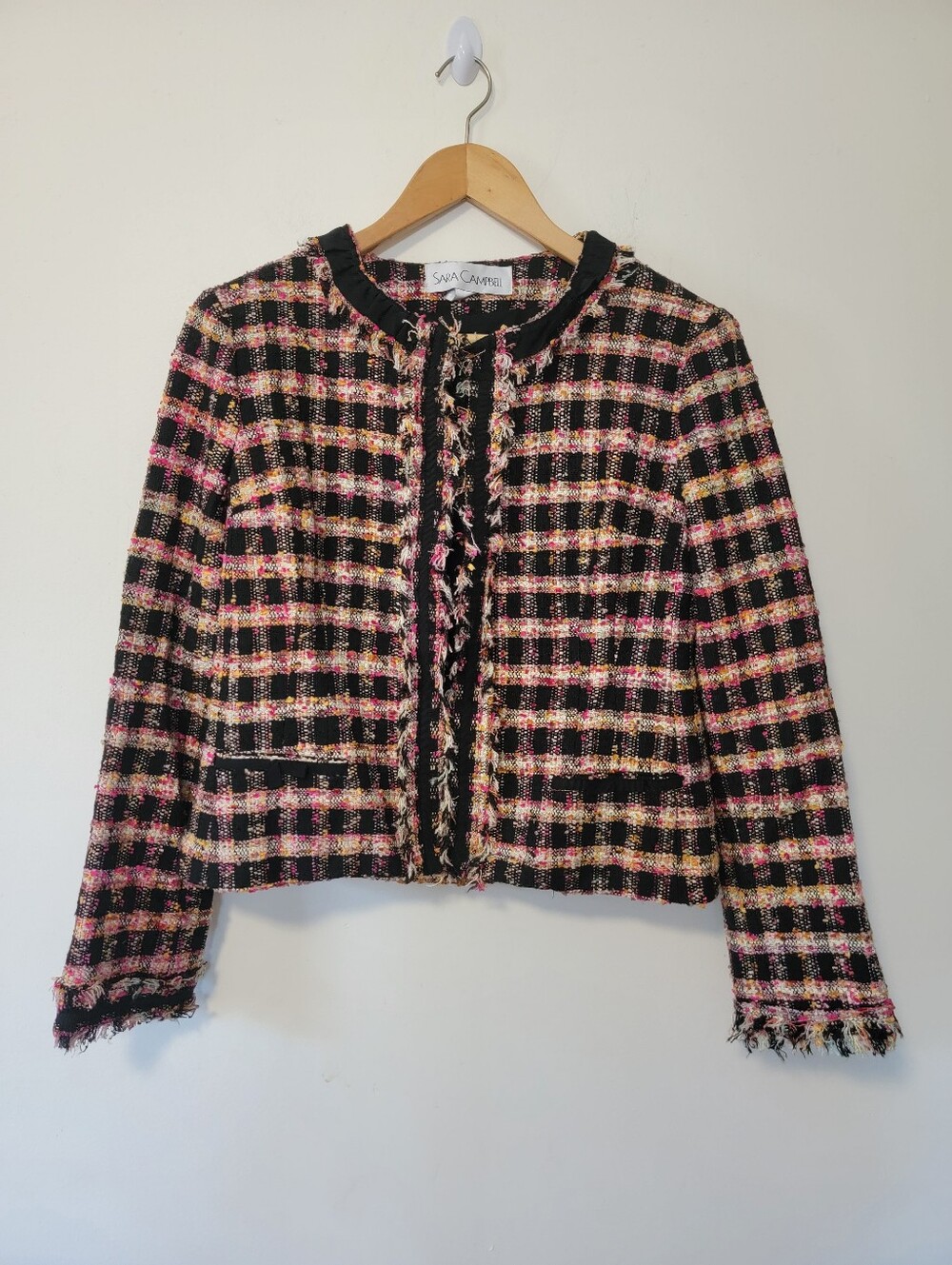 Sara Campbell Pink Black and Cream Tweed Cropped Jacket